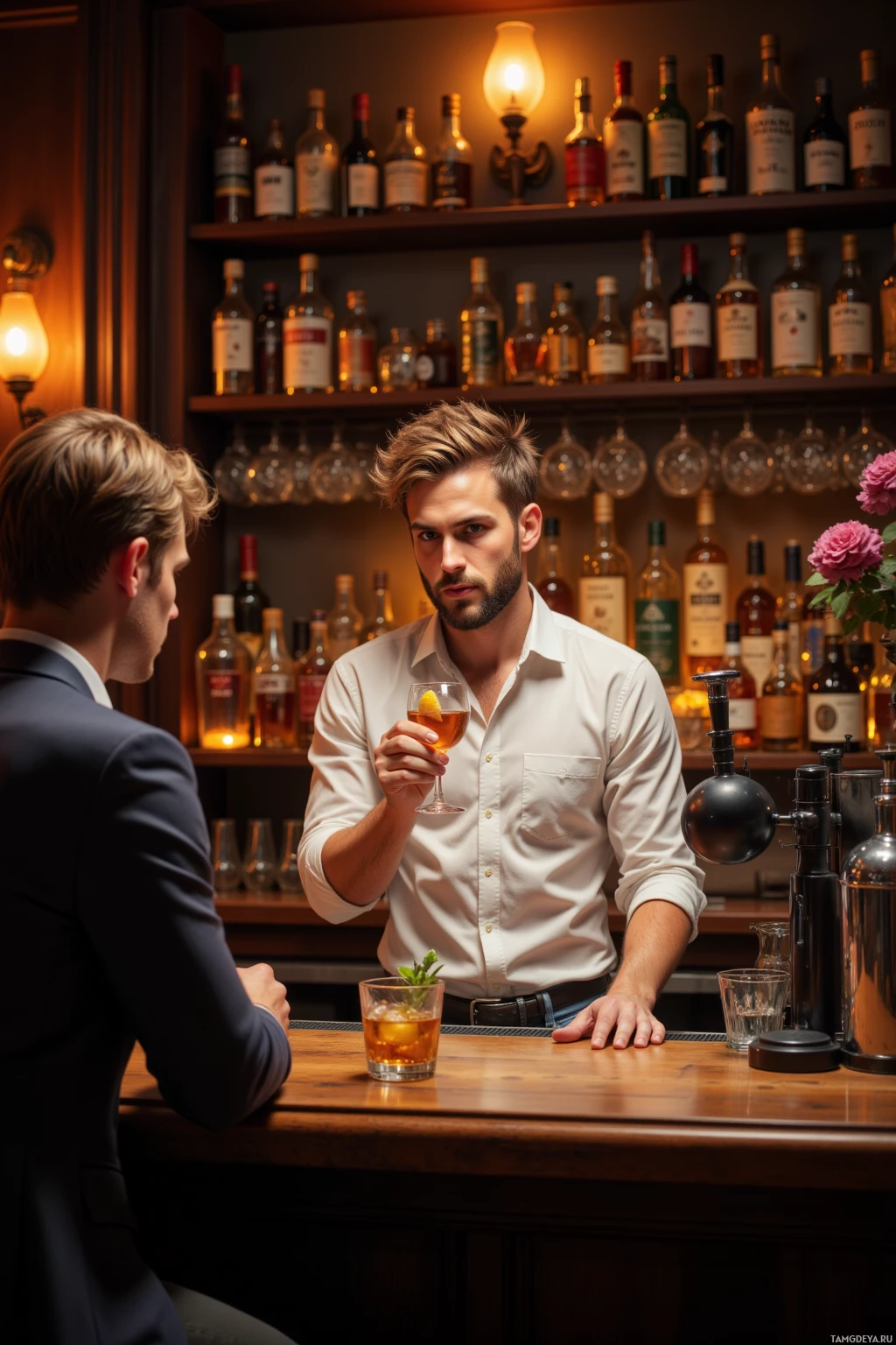 Two men are conversing at a bar, one holding a drink.