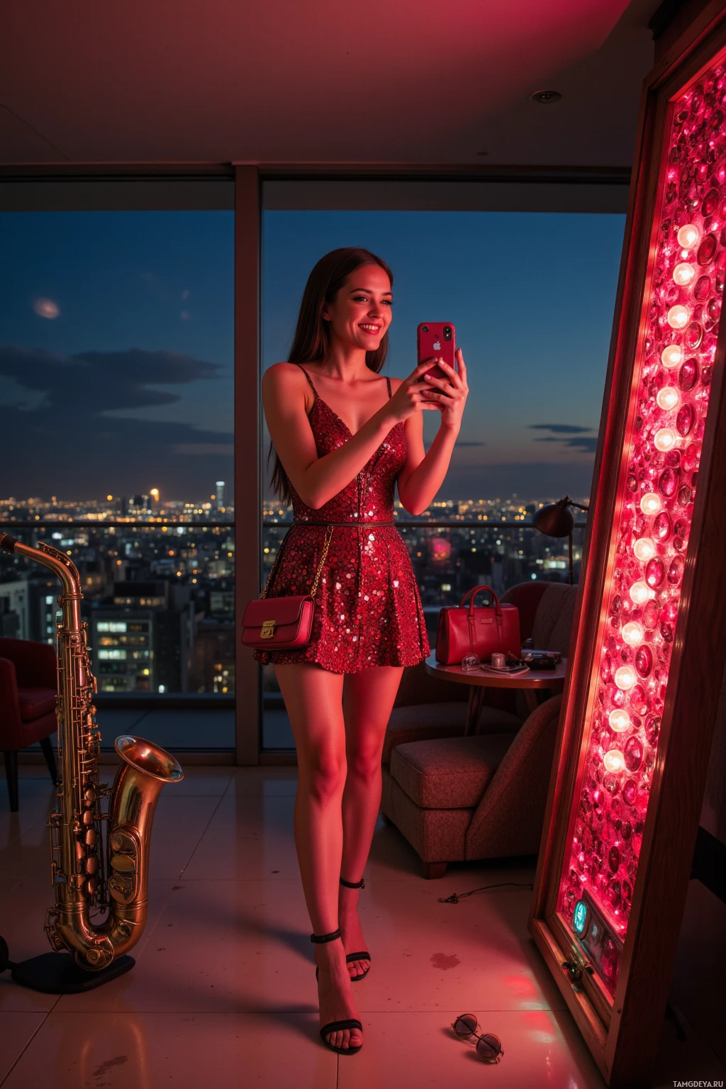 A woman in a red dress takes a selfie in a room with a saxophone and cityscape view.
