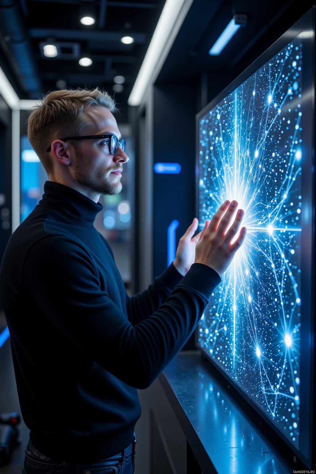 A person wearing glasses and a dark sweater stands in a modern setting, interacting with a large screen displaying a network of glowing lines and dots.