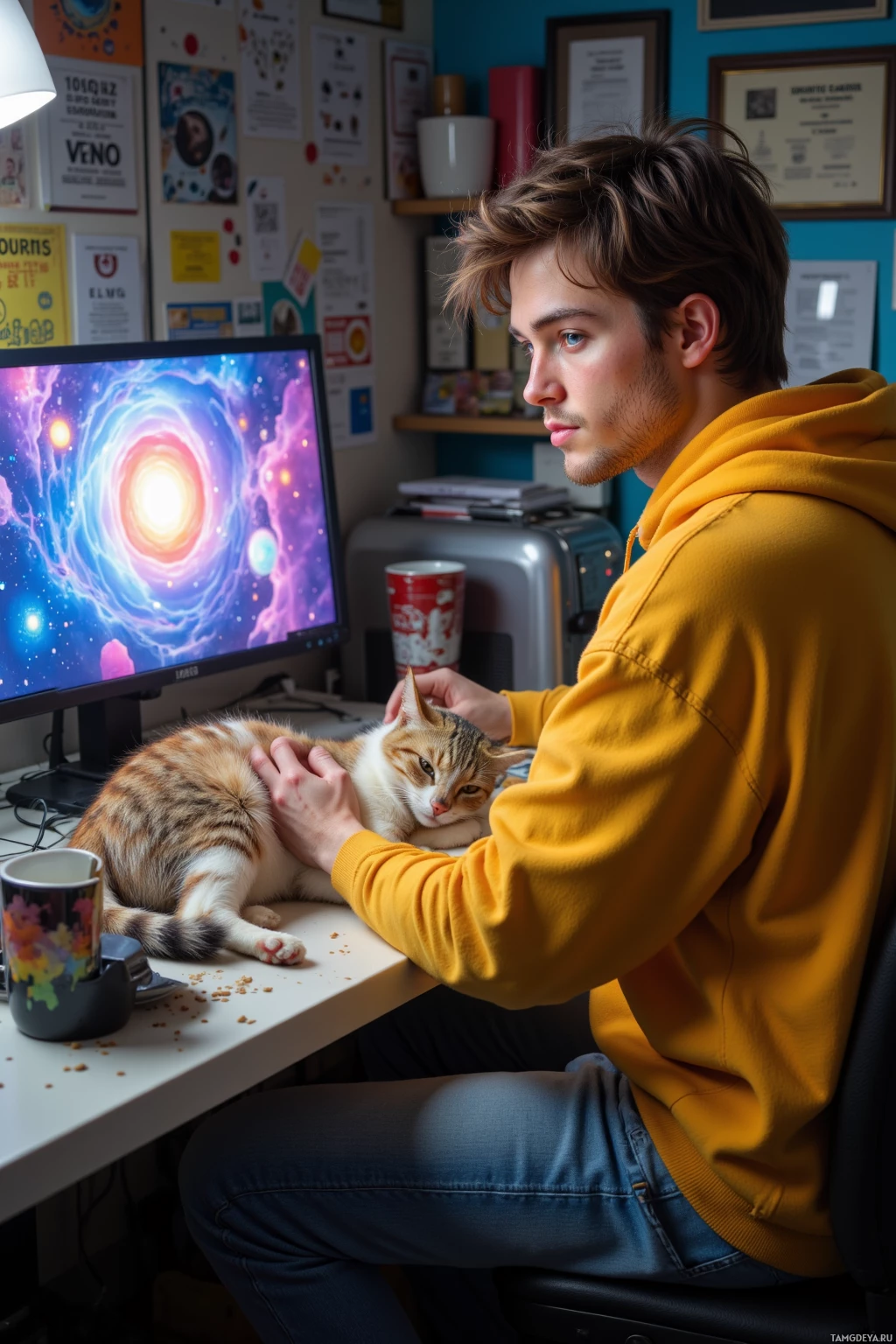 A person in a yellow hoodie pets a cat on a desk while looking at a computer screen.
