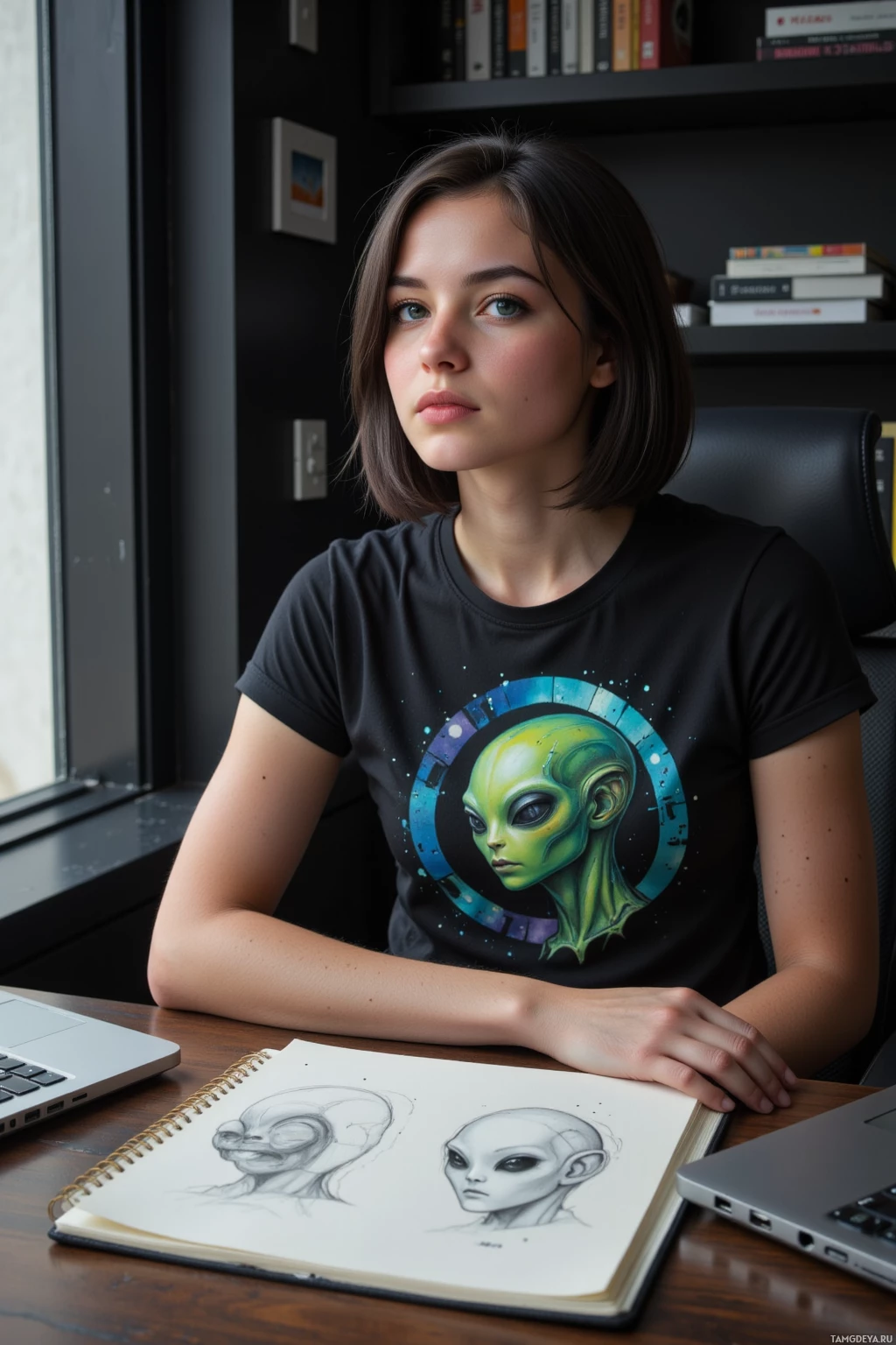 A person wearing a t-shirt with an alien design sits at a desk with a laptop and sketchbook.