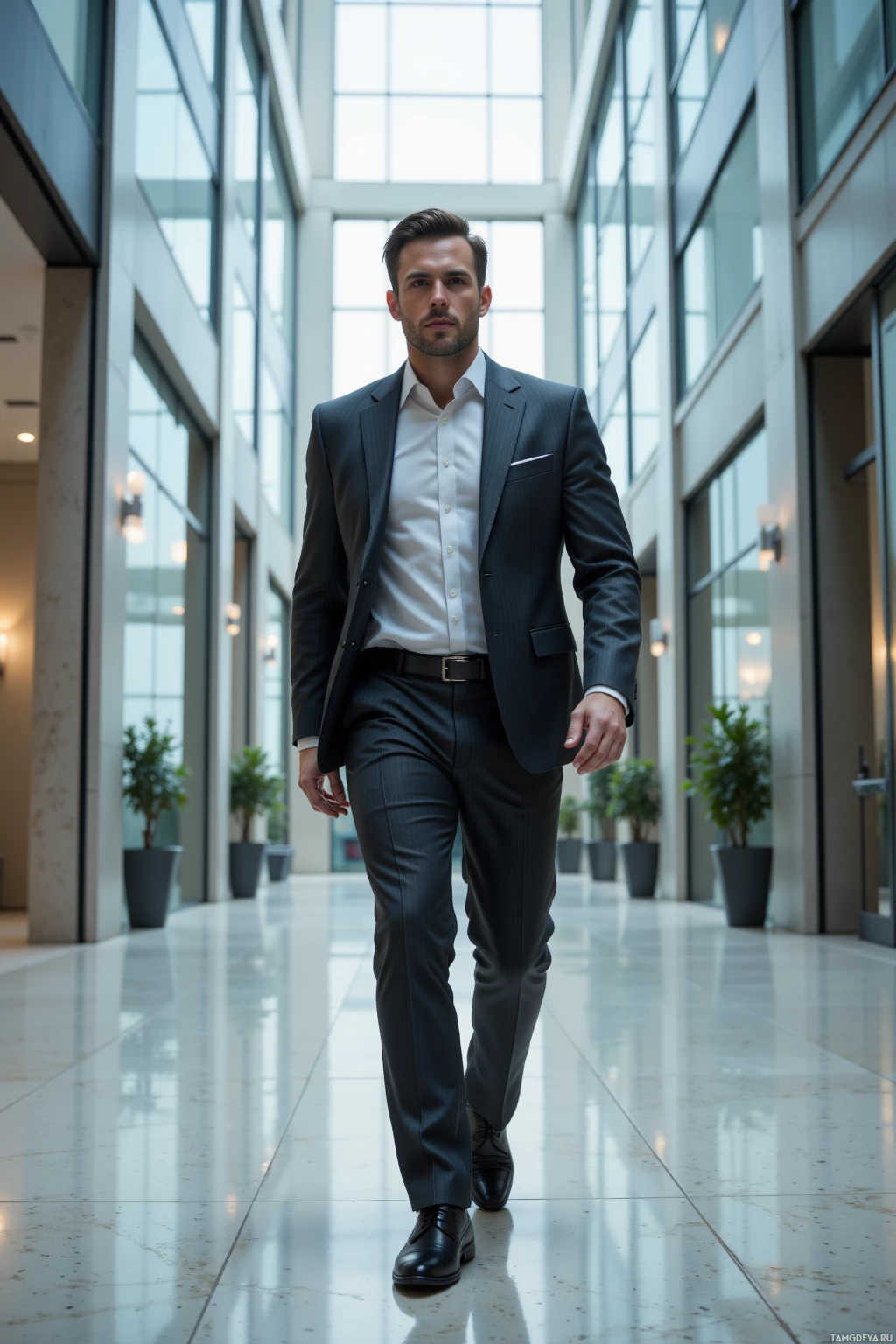 A man in a formal suit walks confidently through a modern, well-lit atrium.