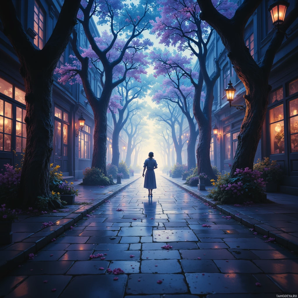 A serene street lined with blooming trees and illuminated by warm streetlights.