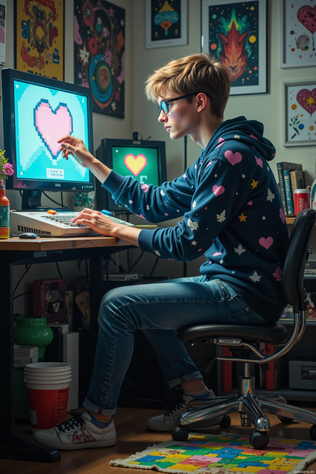 A person wearing a hoodie with heart patterns sits at a desk, working on a computer with a pixelated heart design on the screen.