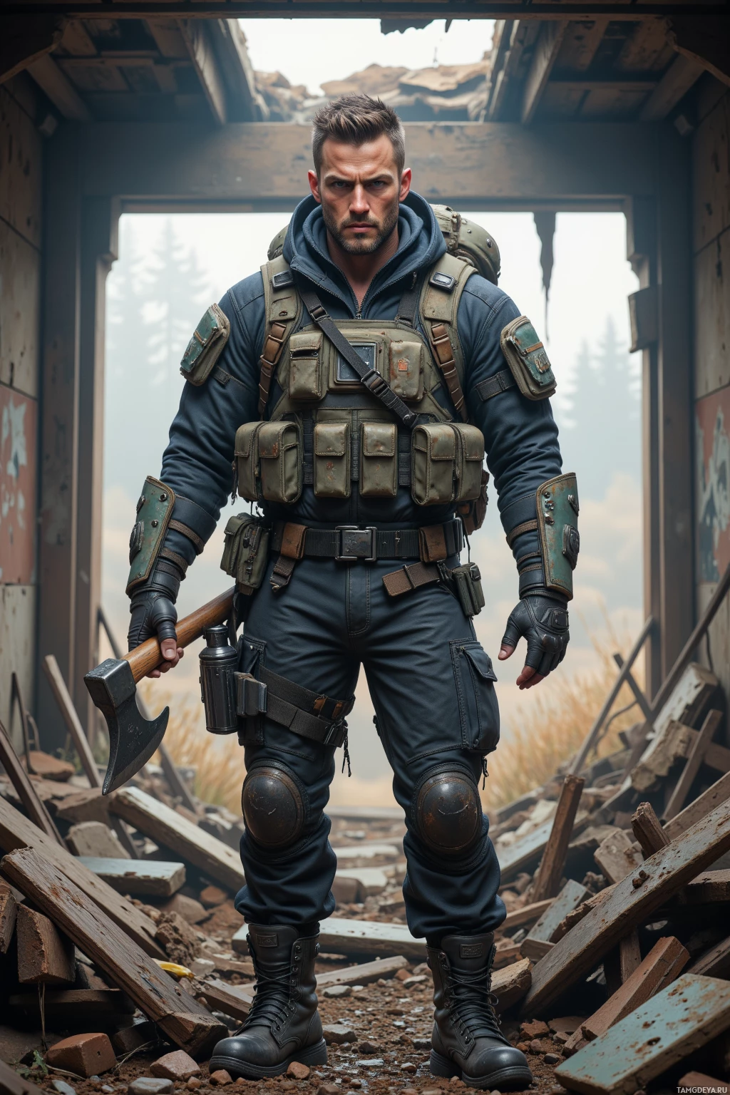 A rugged individual in tactical gear stands amidst rubble, holding an axe.