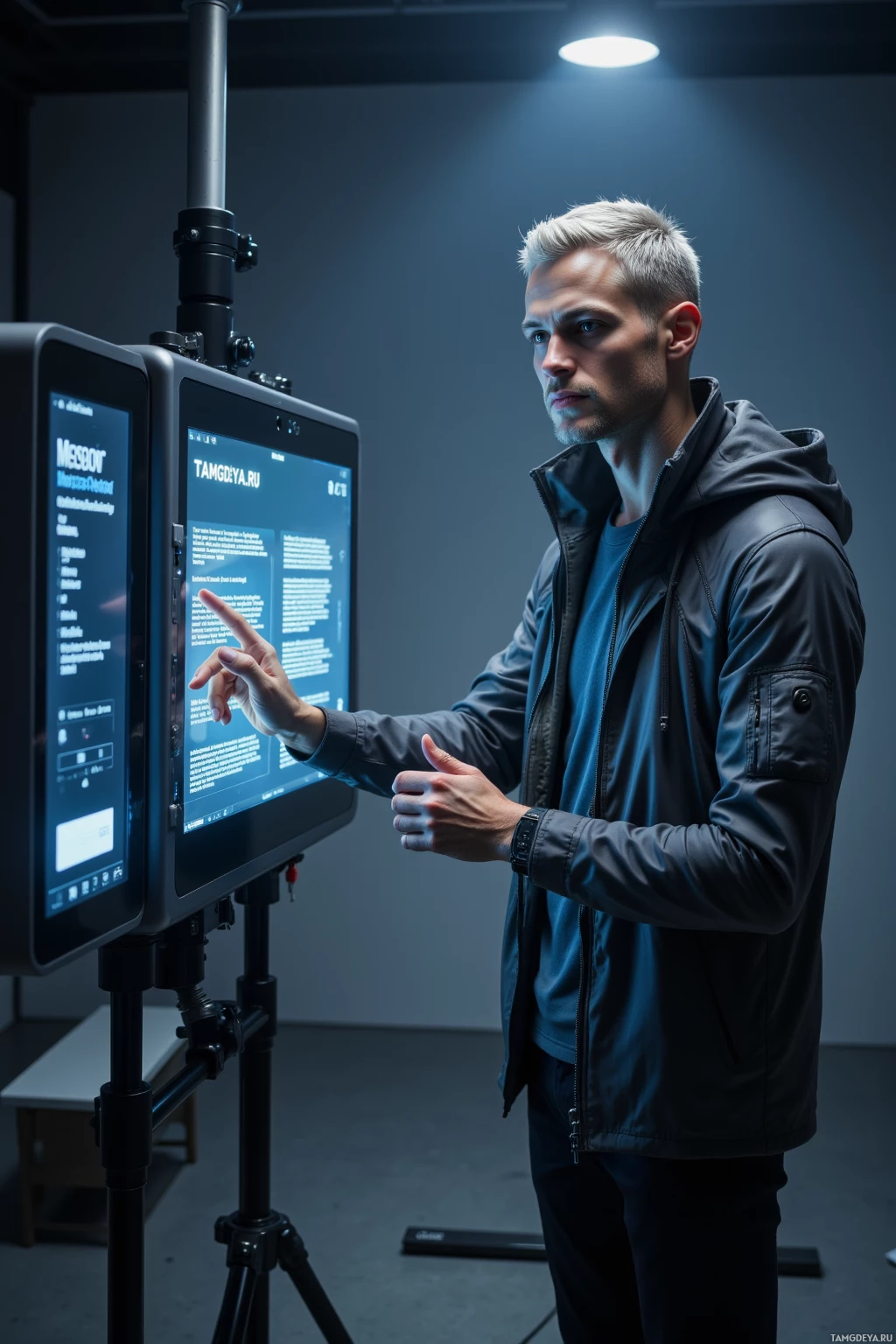 A man in a jacket interacts with a large monitor in a dimly lit room.