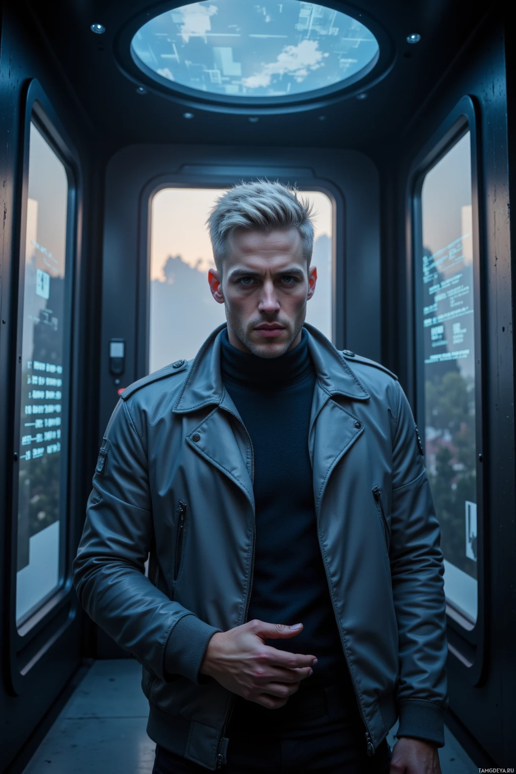 A man stands in a futuristic, dimly lit corridor wearing a dark jacket and a turtleneck.