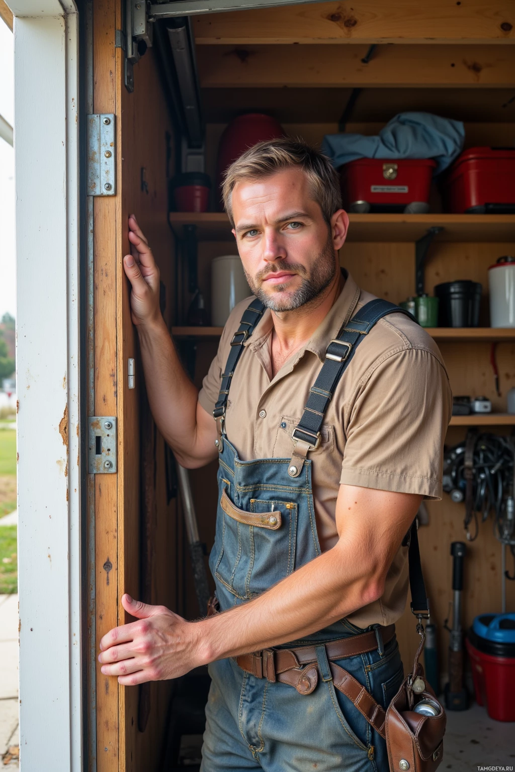 A man in a beige shirt and blue overalls stands in a garage, leaning against the door frame.