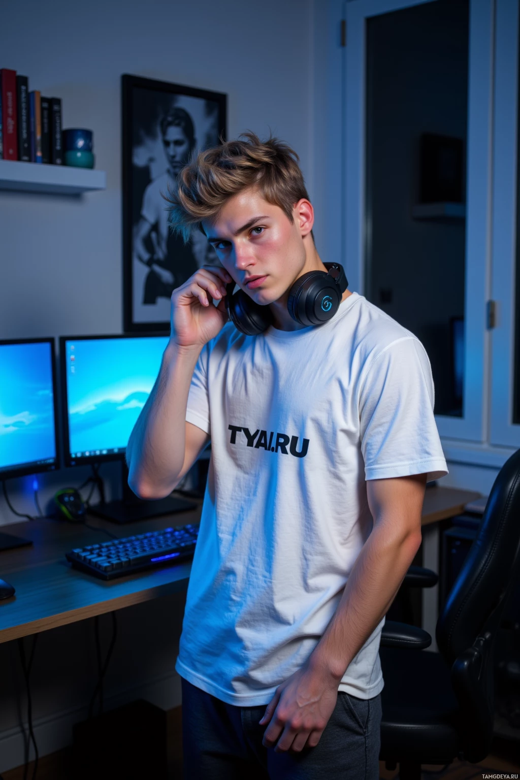 A young man stands in a dimly lit room, wearing a white t-shirt with "TYAI.RU" printed on it, and black headphones around his neck.