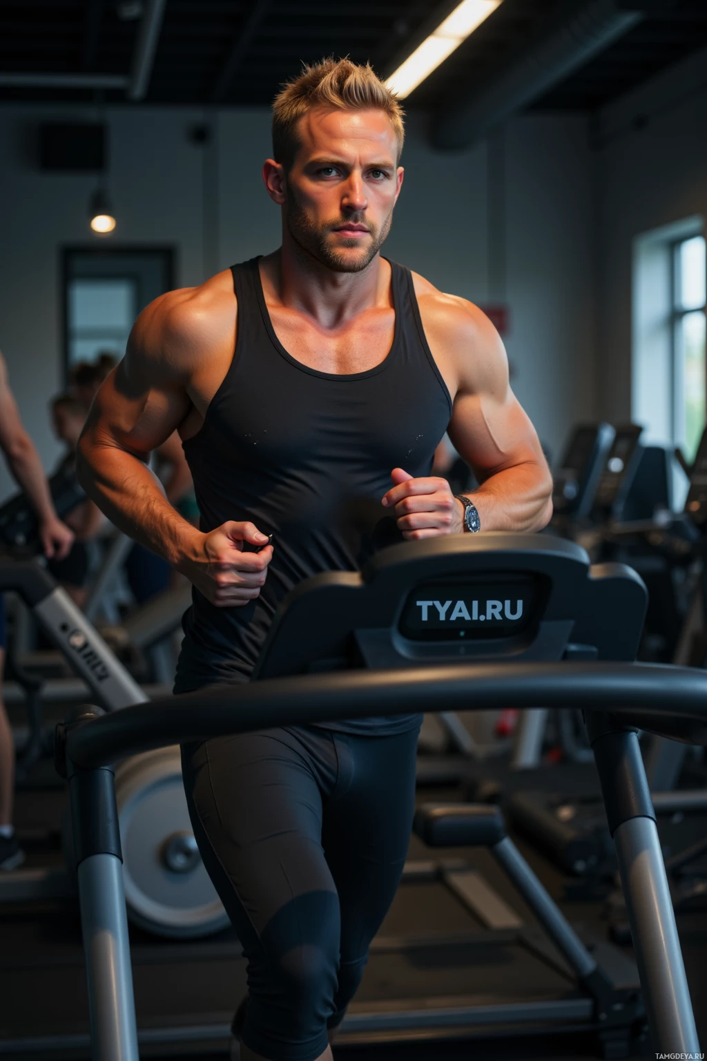 A muscular man in a gym runs on a treadmill.