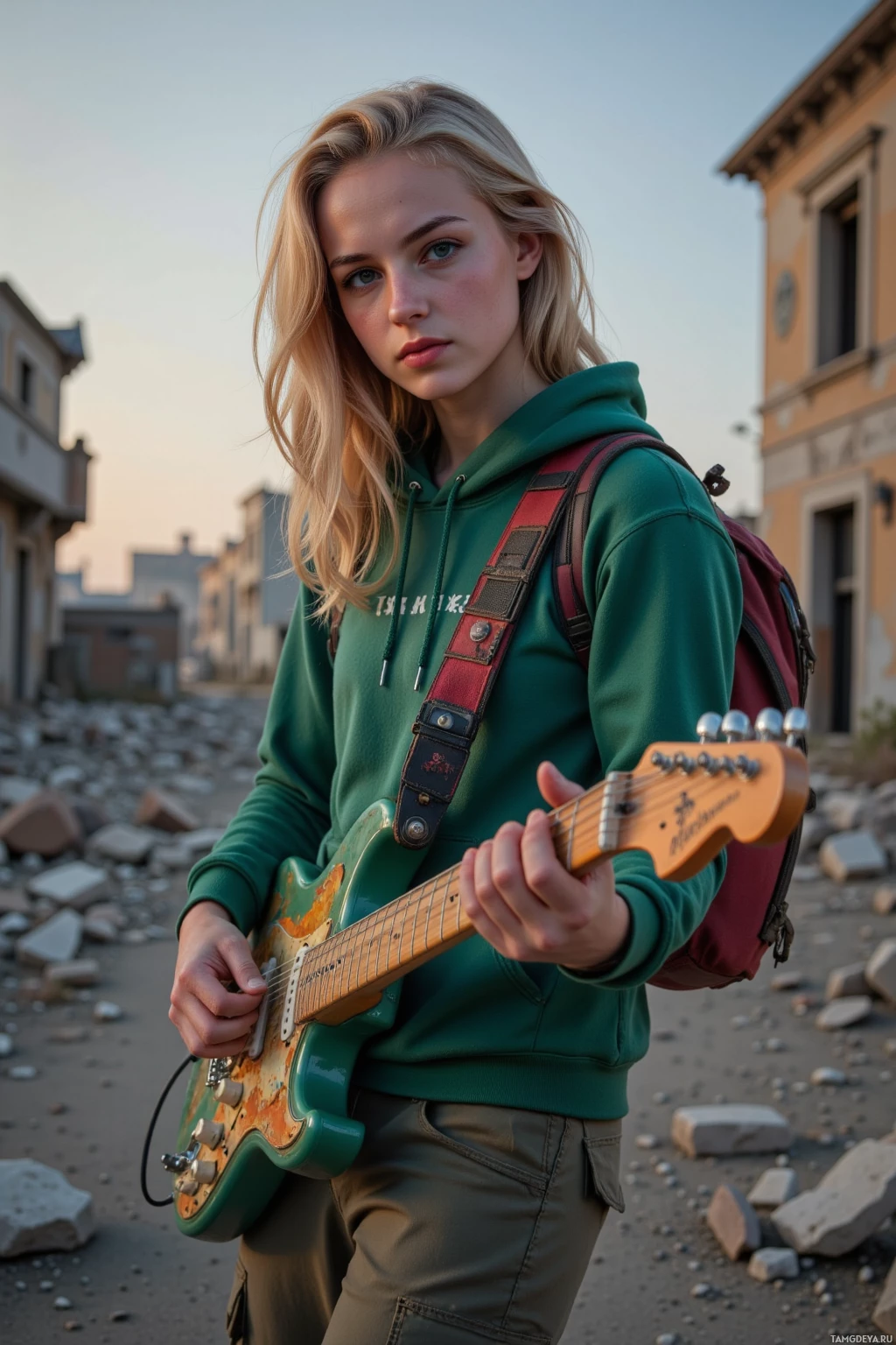 A young person wearing a green hoodie and cargo pants holds a guitar while standing on a rocky street.