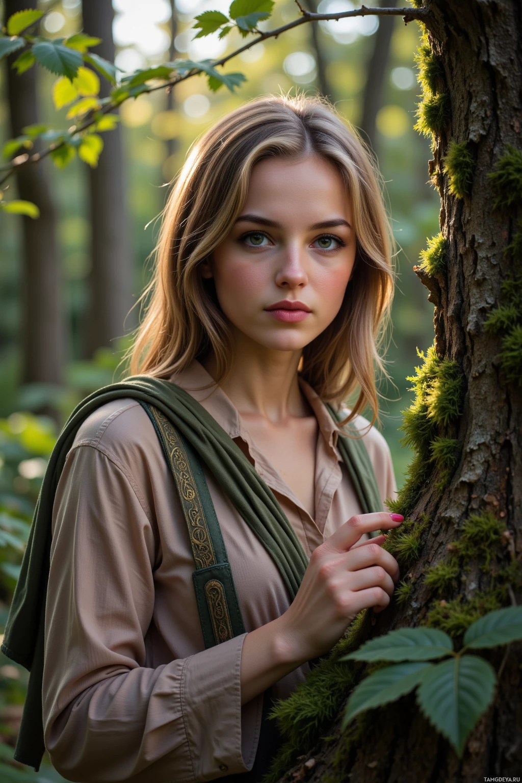 A young woman with long hair stands in a forest, leaning against a tree trunk.