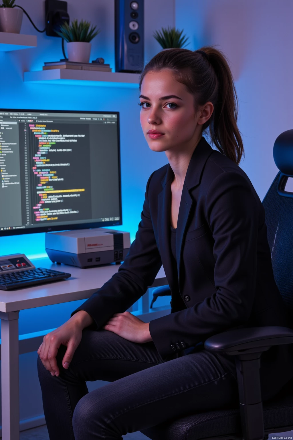 A woman sits at a desk in a modern workspace, wearing a dark blazer and jeans, with a computer displaying code in the background.