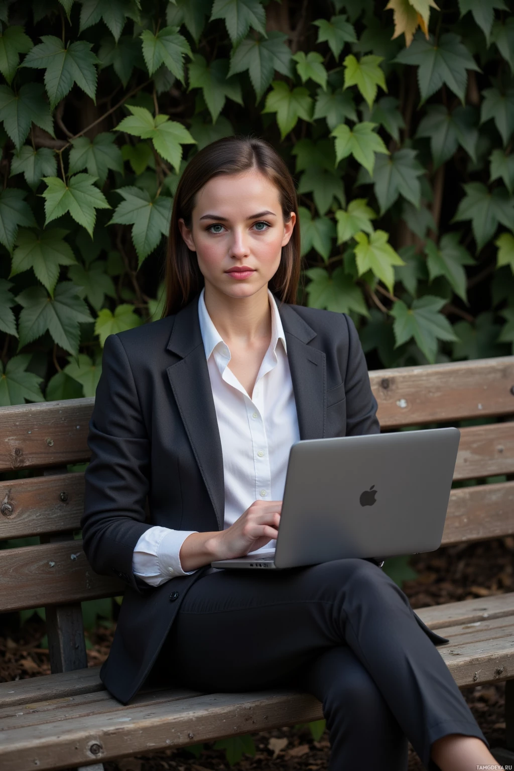 A woman in a suit sits on a bench outdoors, using a laptop.