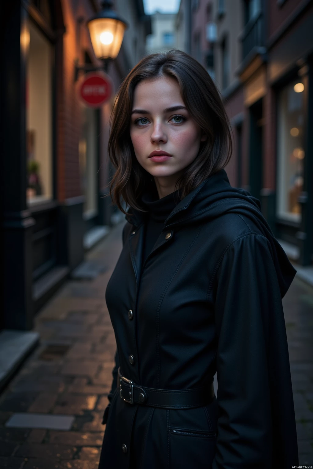 A woman in a black coat stands on a cobblestone street at dusk.