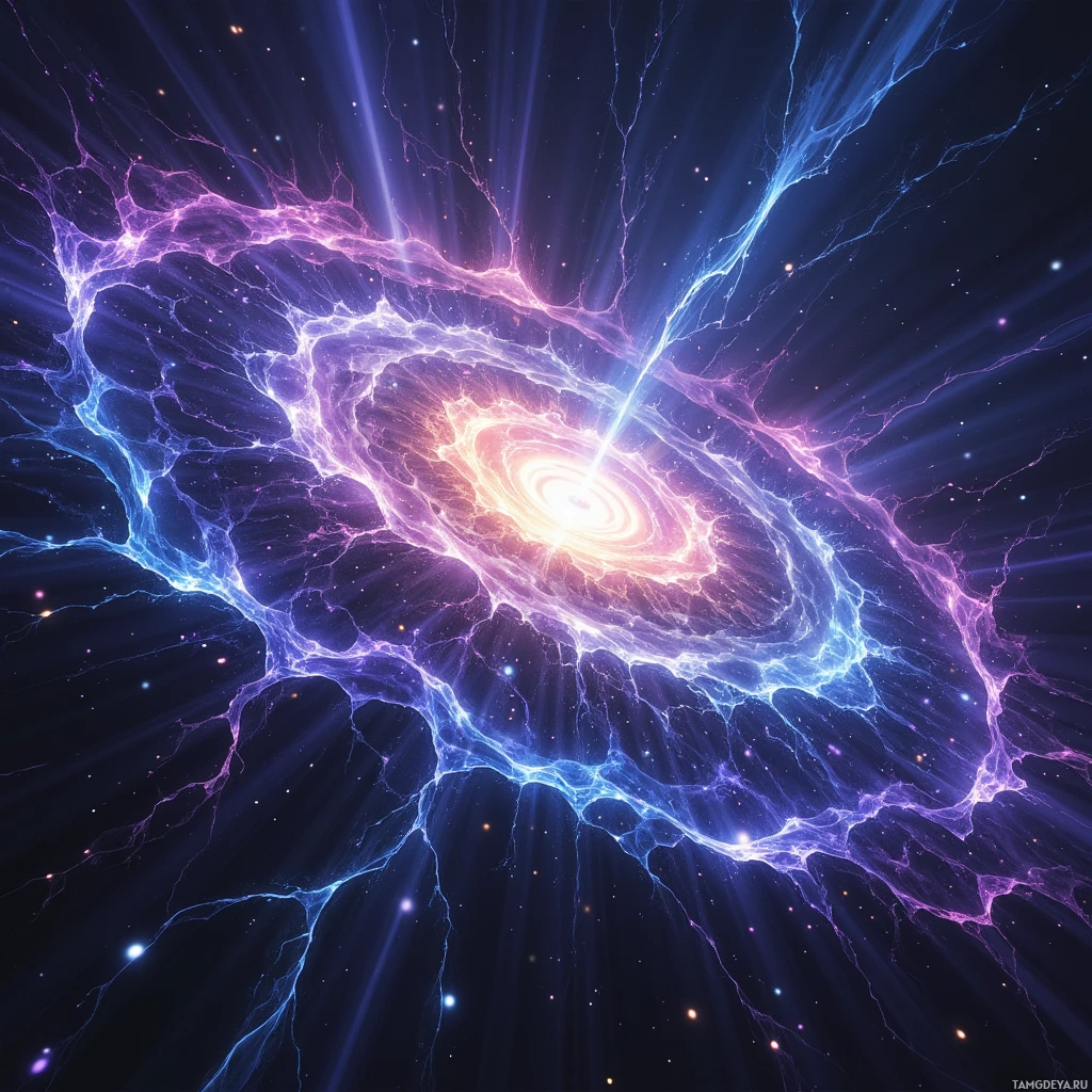 A cosmic scene featuring a swirling galaxy with vibrant blue and purple hues and radiating light beams.