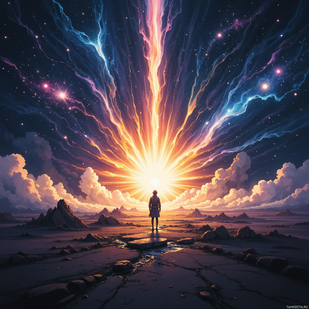 A lone figure stands on a cracked landscape under a vibrant sky filled with streaks of light and stars.