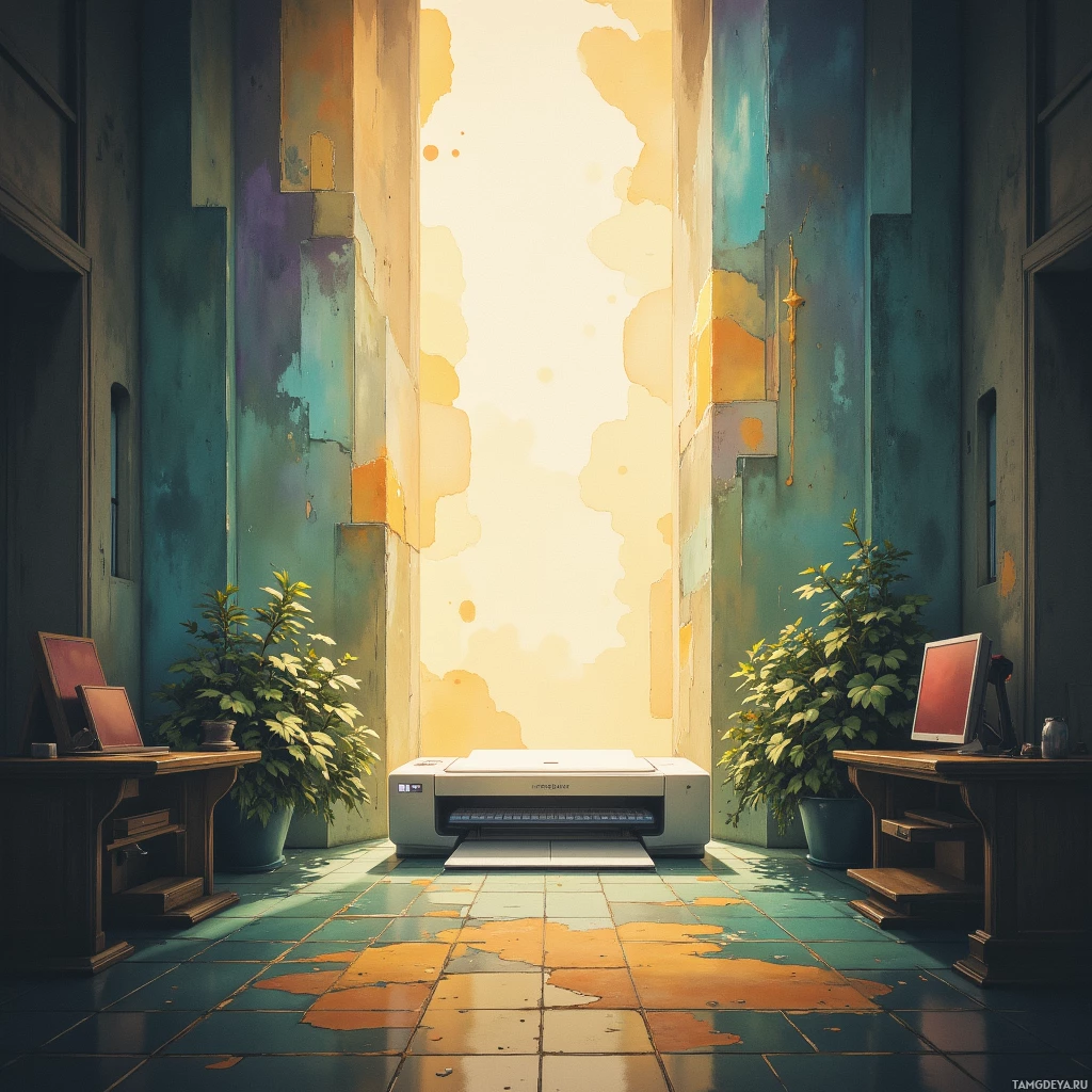 A sunlit room with colorful walls, a tiled floor, and a printer on a desk.