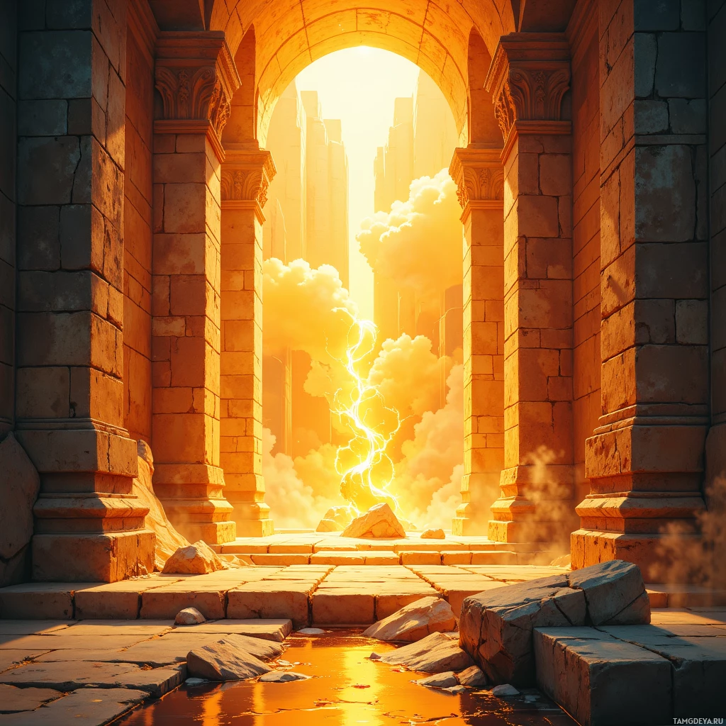 A grand stone archway leads to a bright, glowing sky with lightning and clouds.