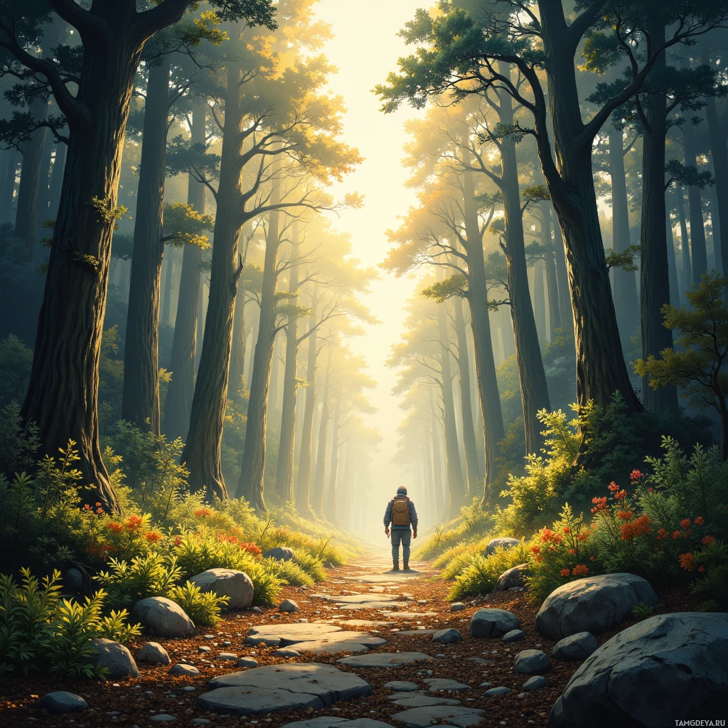 A lone hiker walks along a stone path through a serene forest bathed in golden sunlight.