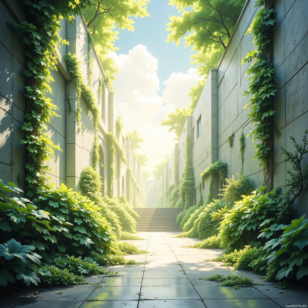 A sunlit alleyway lined with lush greenery and ivy climbing up the walls.