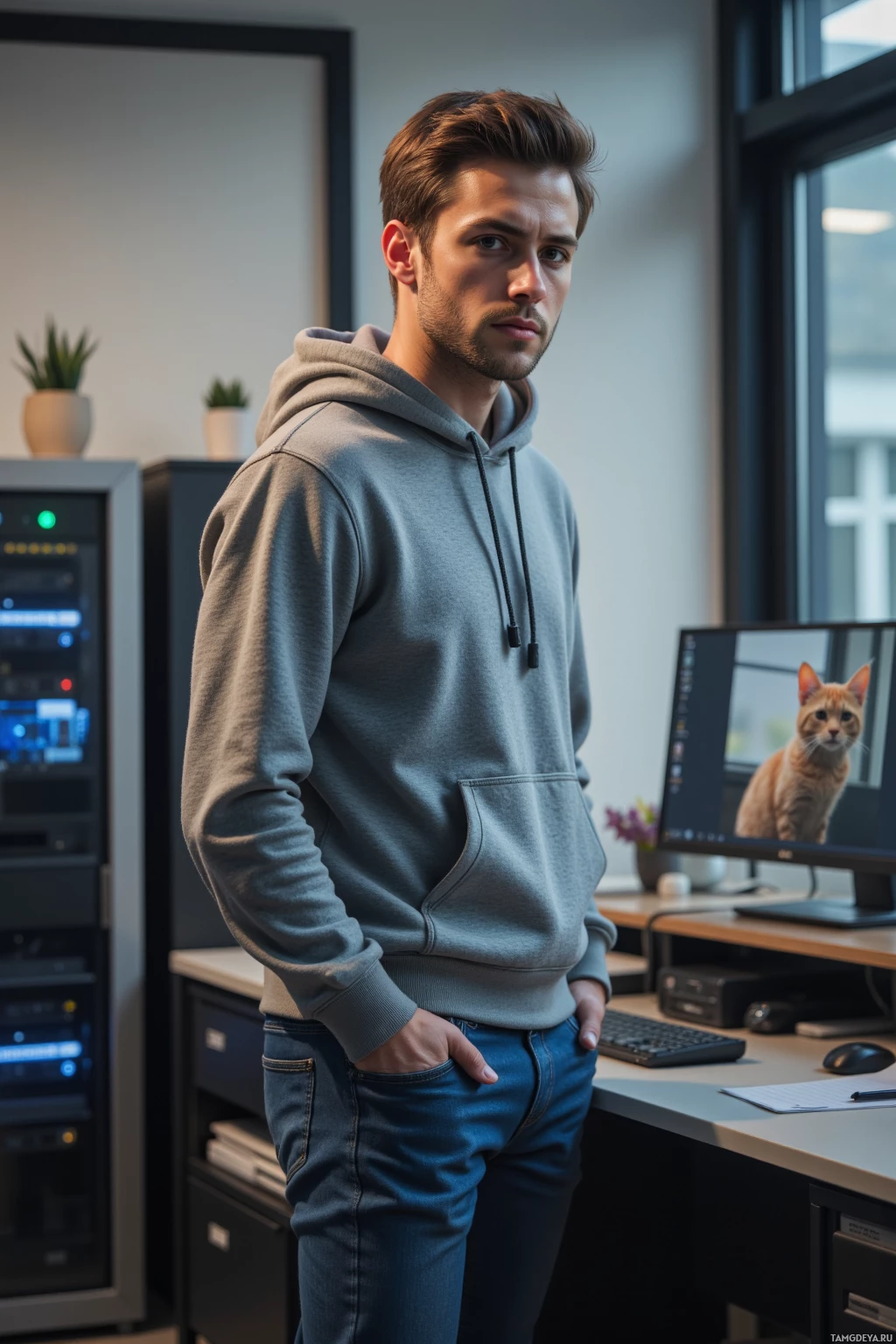 A man in a hoodie stands in an office with a computer and a cat on the screen.