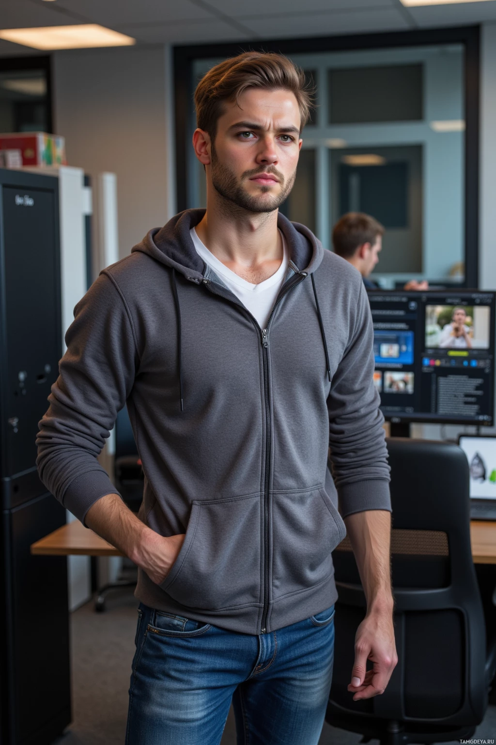 A man in a gray hoodie and jeans stands in an office setting.