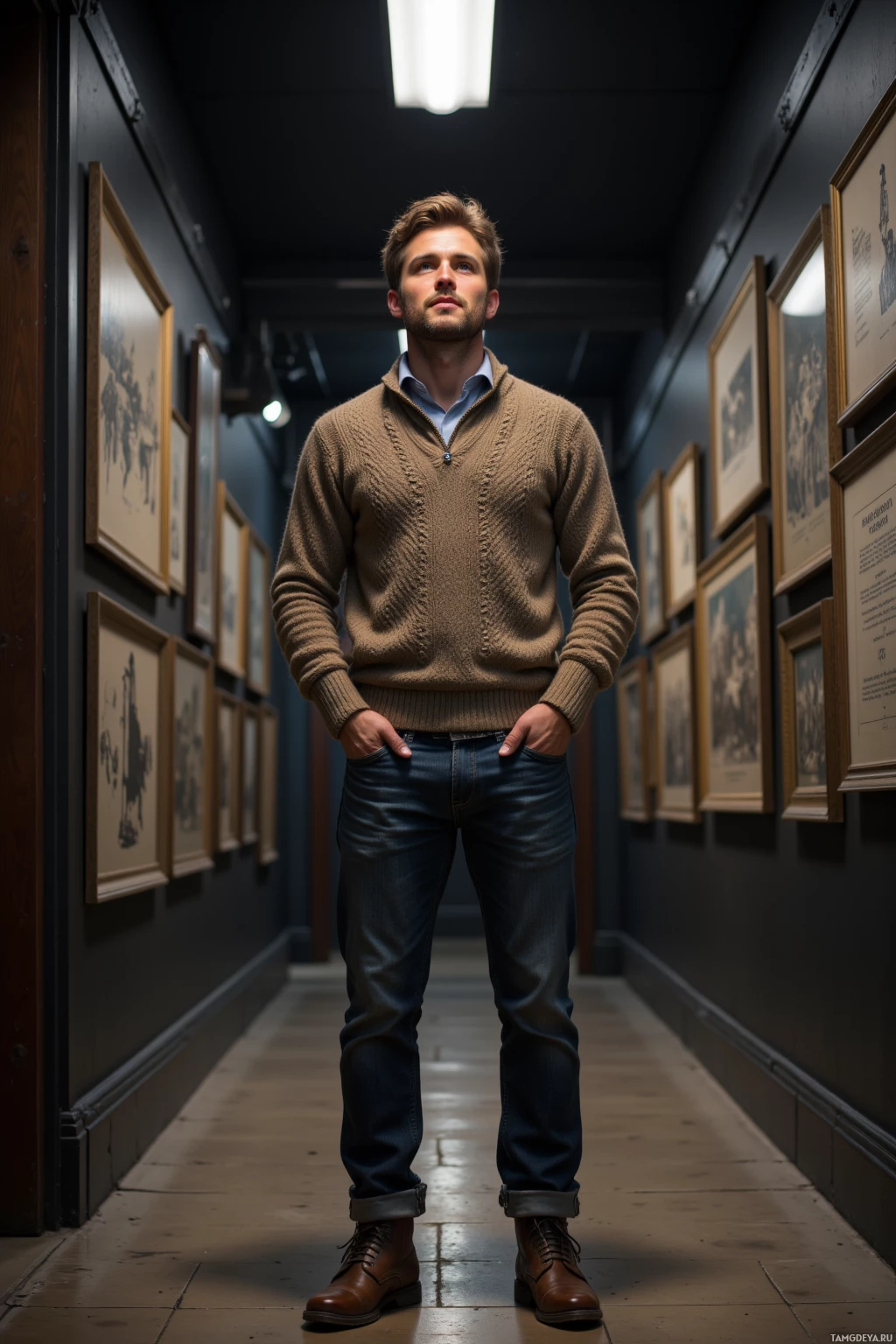 A man stands in a hallway with framed pictures on the walls, wearing a sweater and jeans.