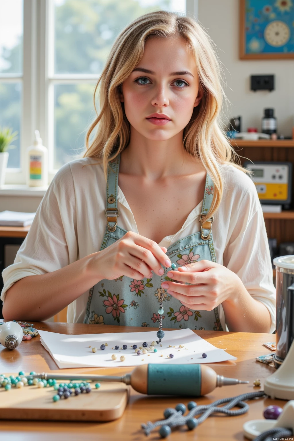 A person wearing an apron is working on a beaded necklace at a table.