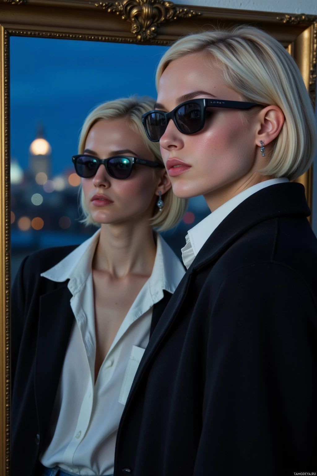 Two women with short blonde hair, one wearing sunglasses, stand in front of a mirror reflecting a cityscape at dusk.