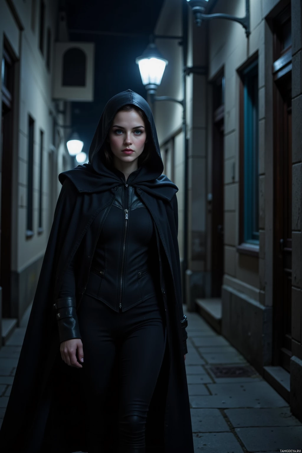 A person in a black hooded cloak stands in a dimly lit alleyway.