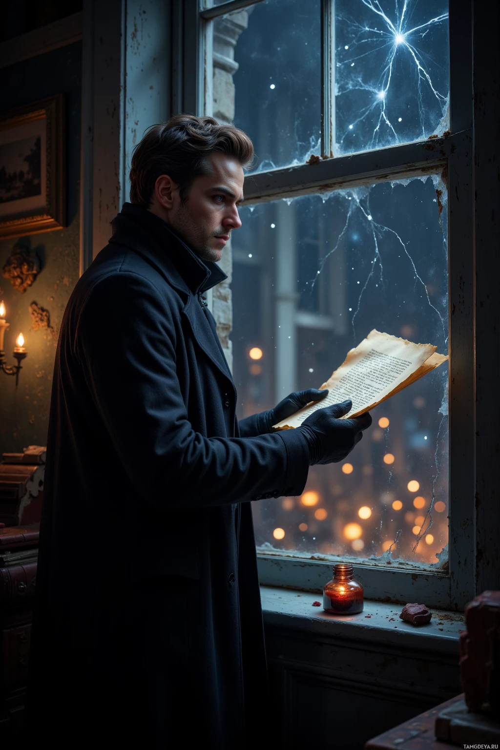 A man in a dark coat stands by a window, holding an open book, with a candle and a bottle on the windowsill.