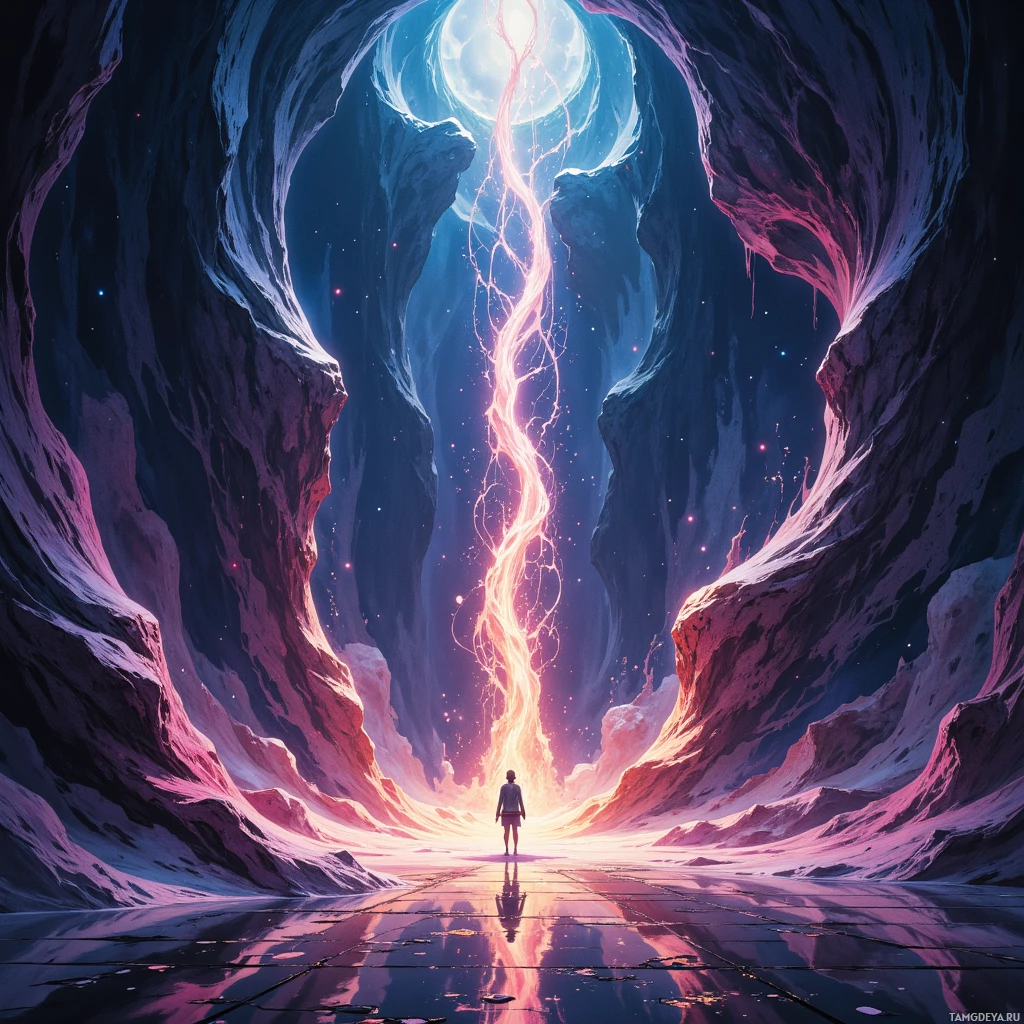 A lone figure stands at the entrance of a glowing, ethereal cave.