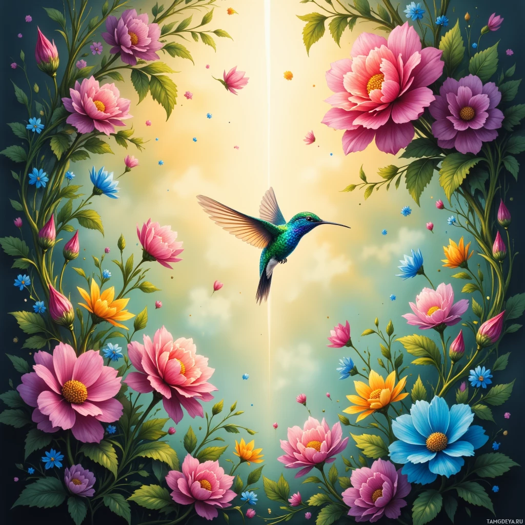 A vibrant floral scene featuring a hummingbird amidst colorful flowers and leaves.