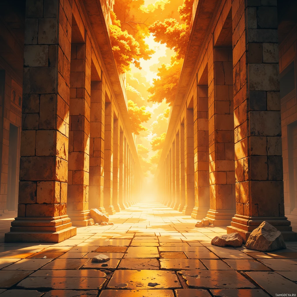 A sunlit corridor lined with ancient stone columns leads towards a bright, glowing sky.