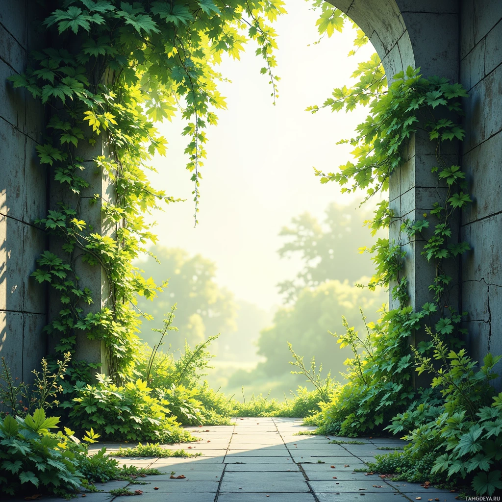 A sunlit archway with lush greenery and a stone pathway leading into a serene garden.
