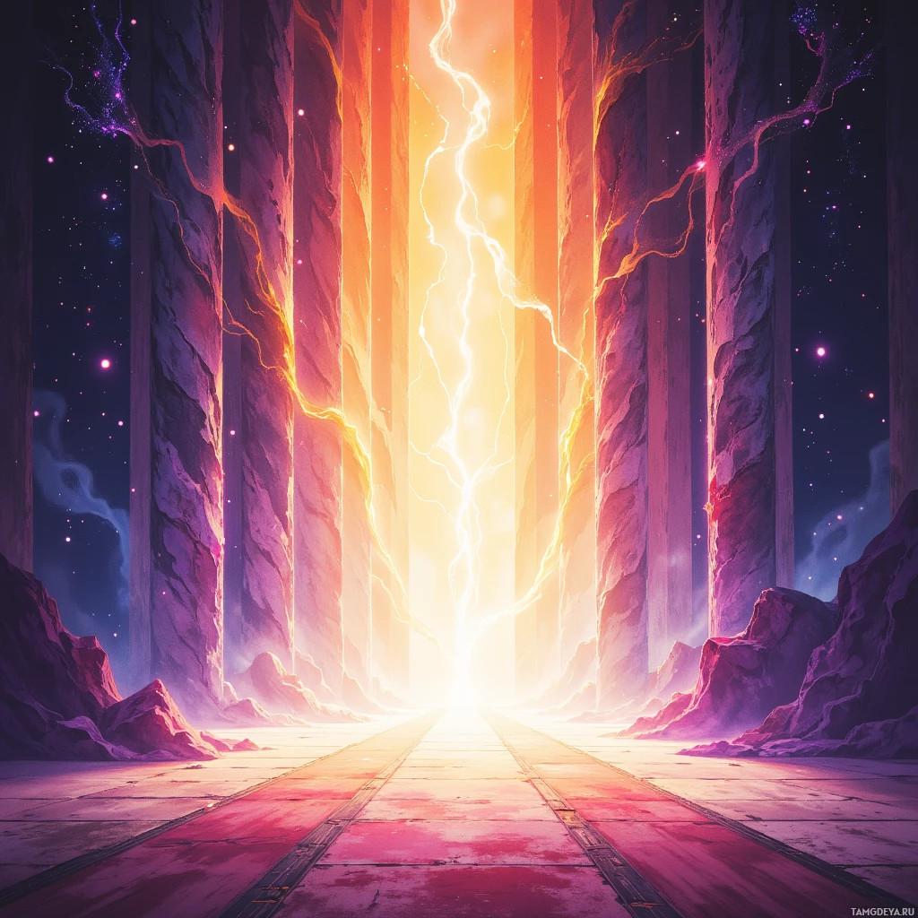 A vibrant, cosmic scene featuring a glowing portal with lightning streaks and starry night skies.