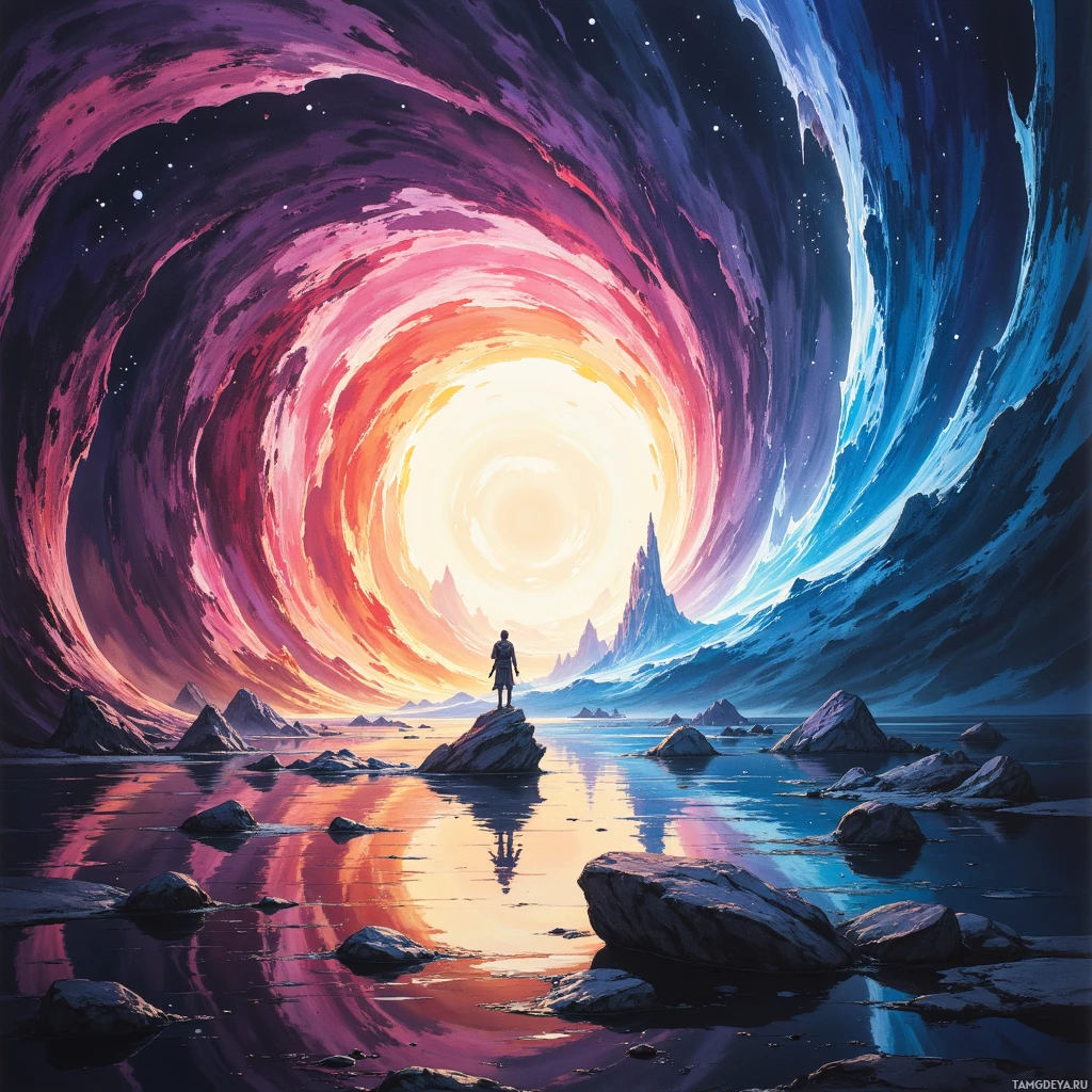 A person stands on a rocky shore, gazing at a vibrant, swirling cosmic tunnel leading to a bright light.