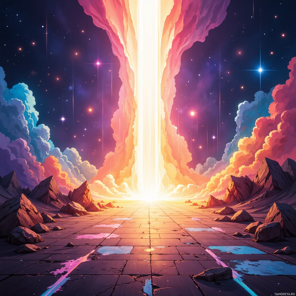 A vibrant, cosmic scene with a glowing portal leading to a starry sky and rocky terrain.