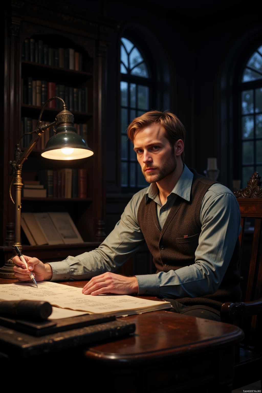 A man sits at a desk in a dimly lit room, writing in a notebook under the glow of a lamp.