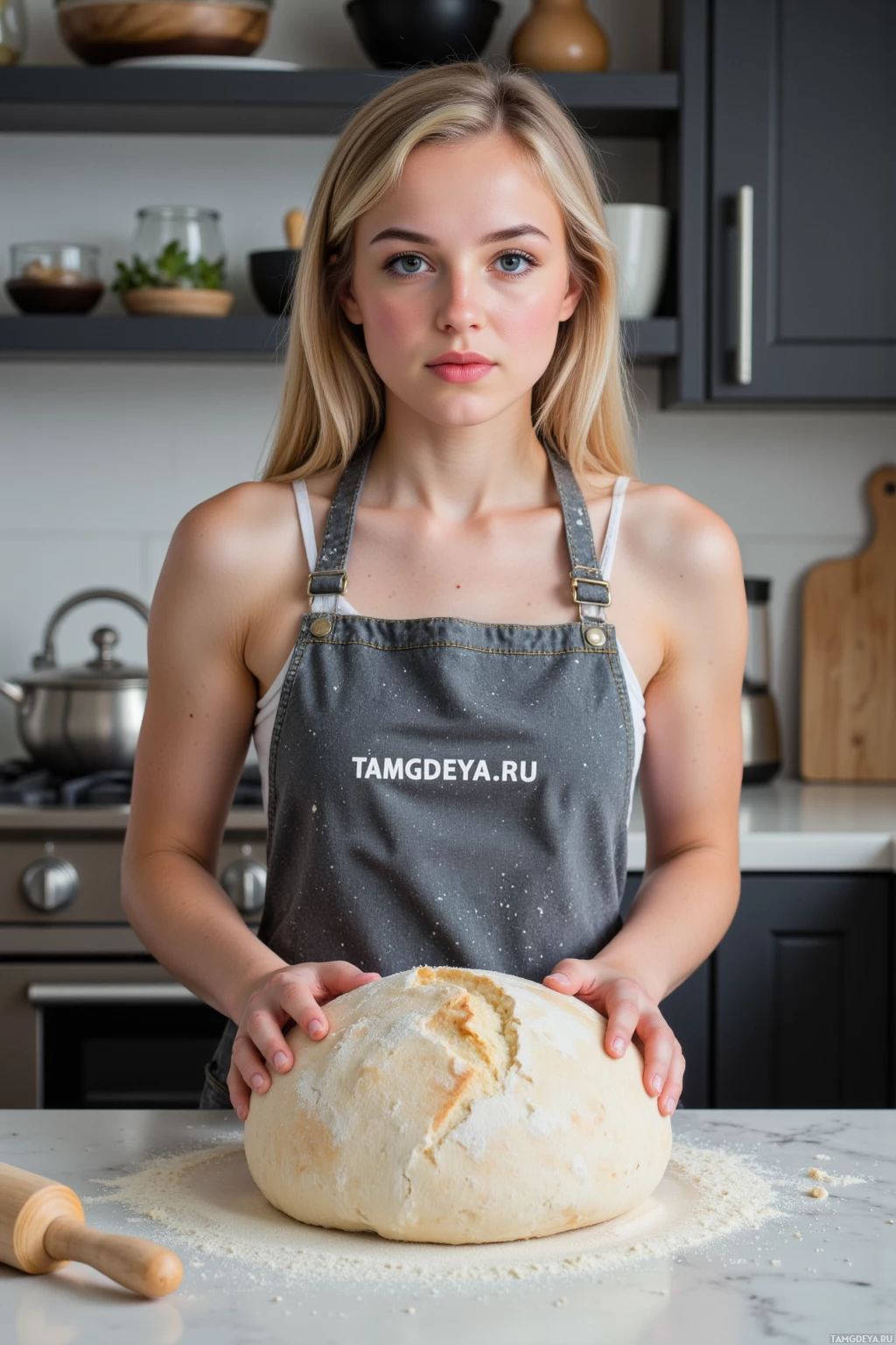 A person wearing an apron kneads dough on a kitchen counter.