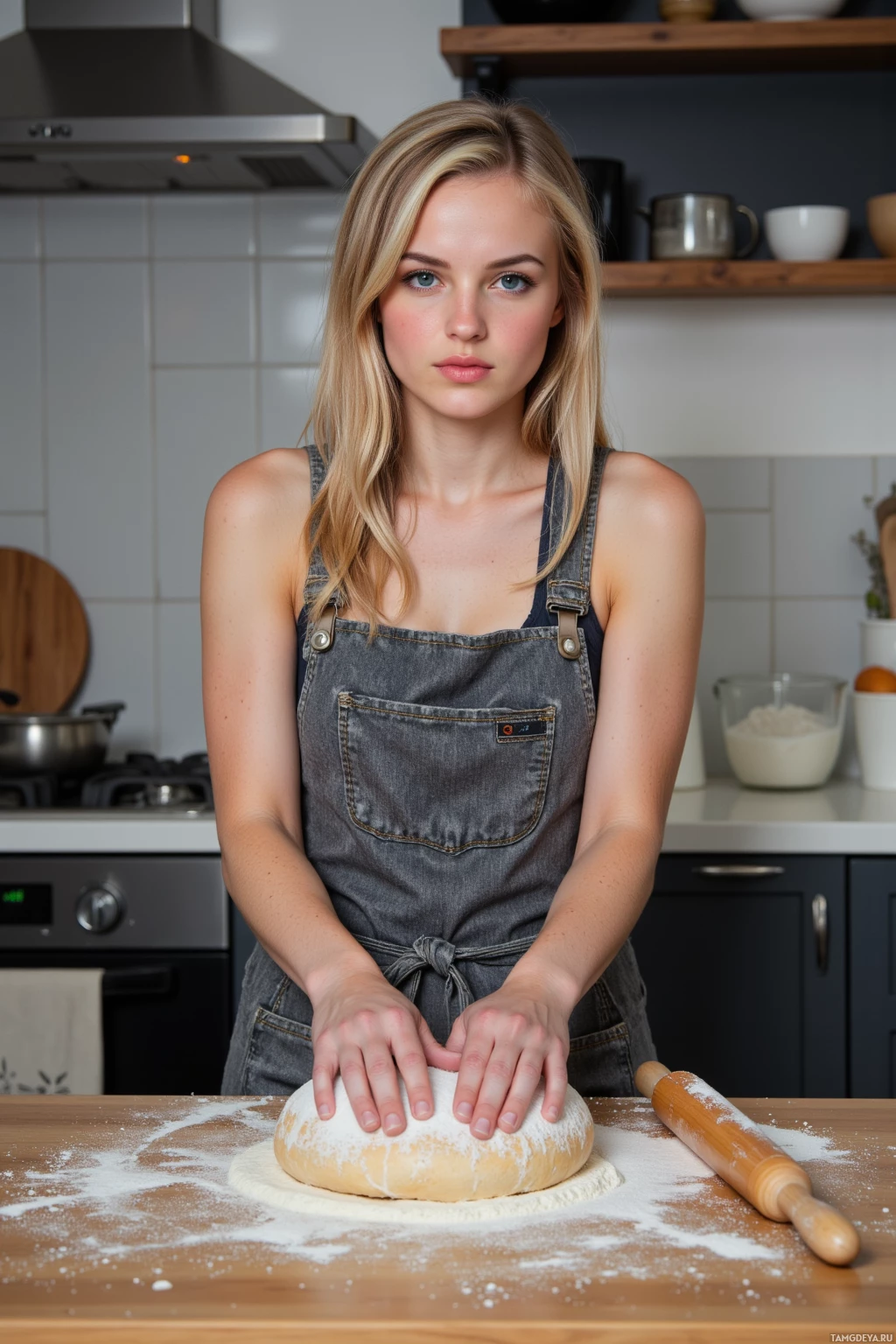 A person wearing an apron kneads dough on a floured surface in a kitchen.