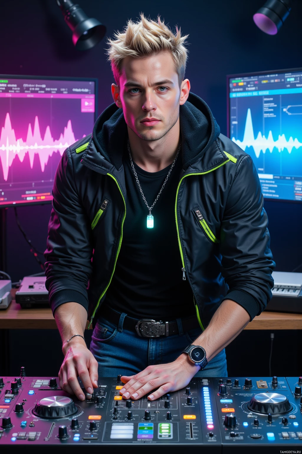 A person stands in front of a DJ mixer with glowing screens in the background.