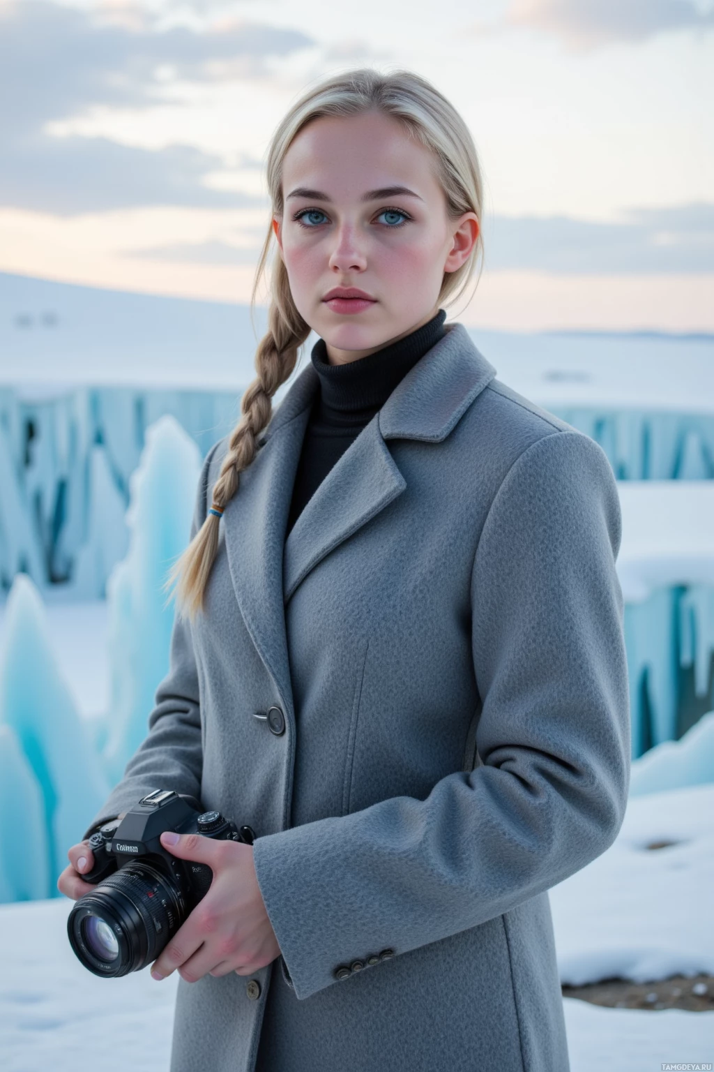 A person in a gray coat stands outdoors holding a camera, with a snowy landscape and ice formations in the background.