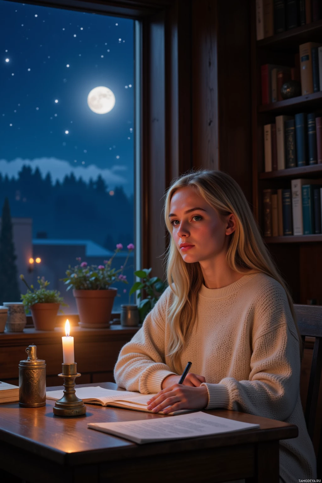 A woman sits at a desk by a window, writing in a notebook under the light of a candle.