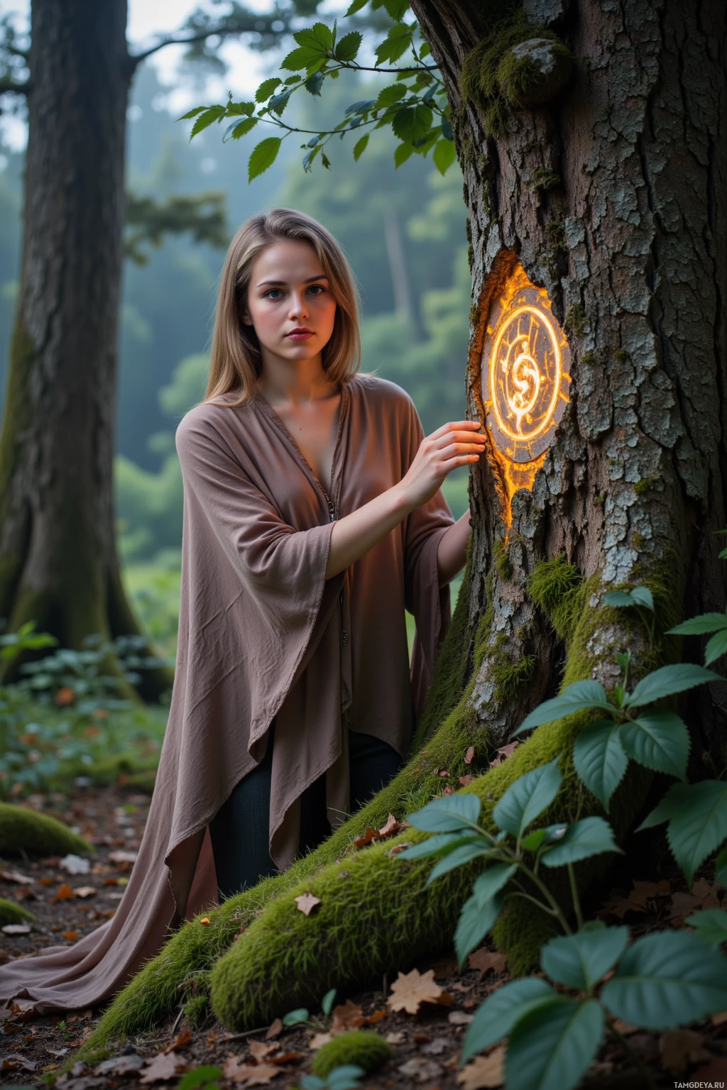 A woman stands in a forest, leaning against a tree with a glowing emblem on its bark.