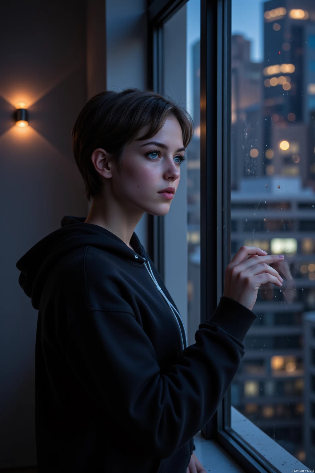 A person in a hoodie stands by a window, gazing out at a cityscape at dusk.