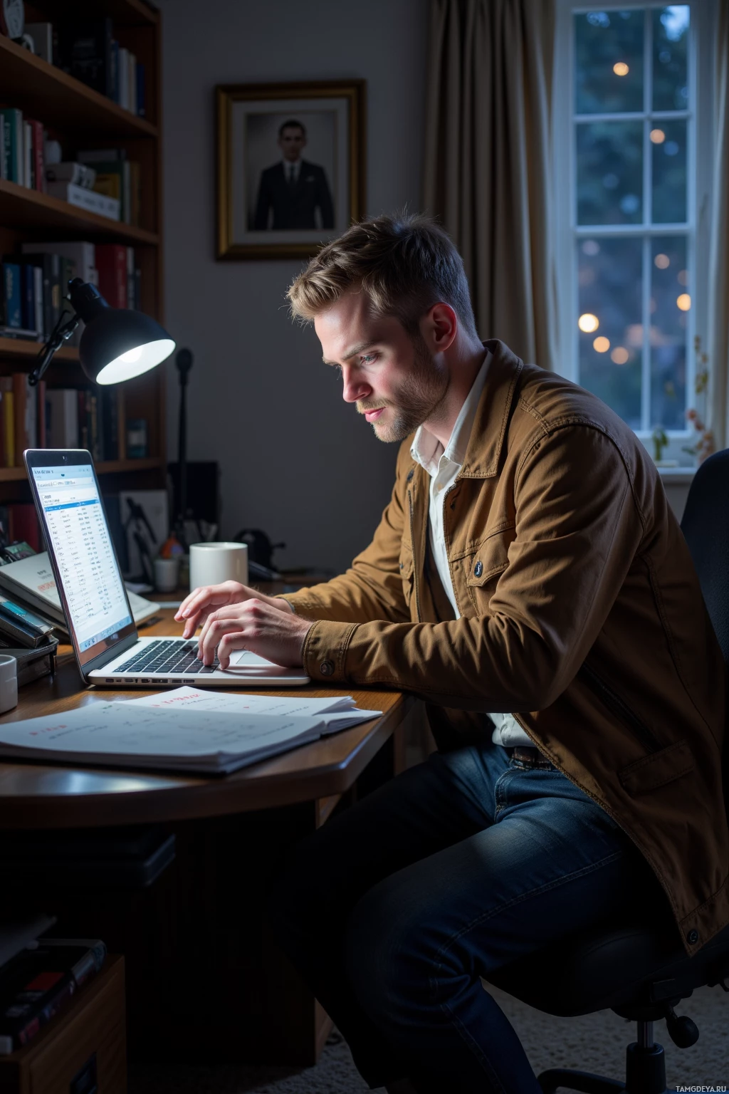A man is working at a desk with a laptop, surrounded by books and papers.