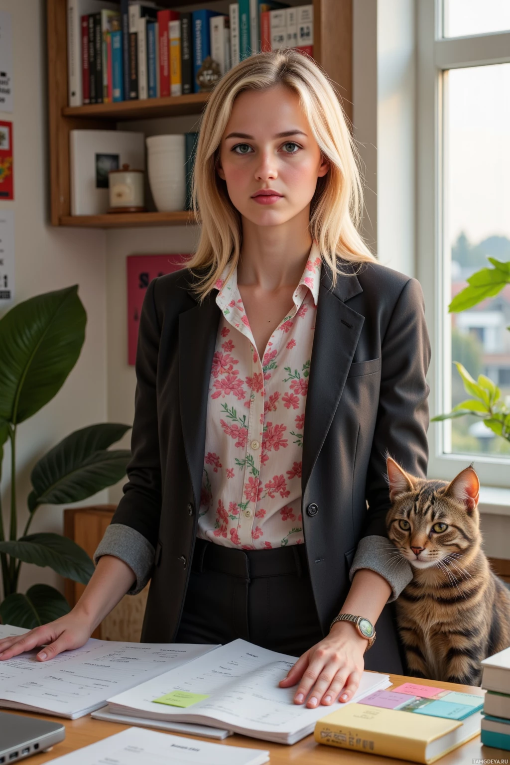 A woman in a professional outfit stands at a desk with a cat, surrounded by books and papers.