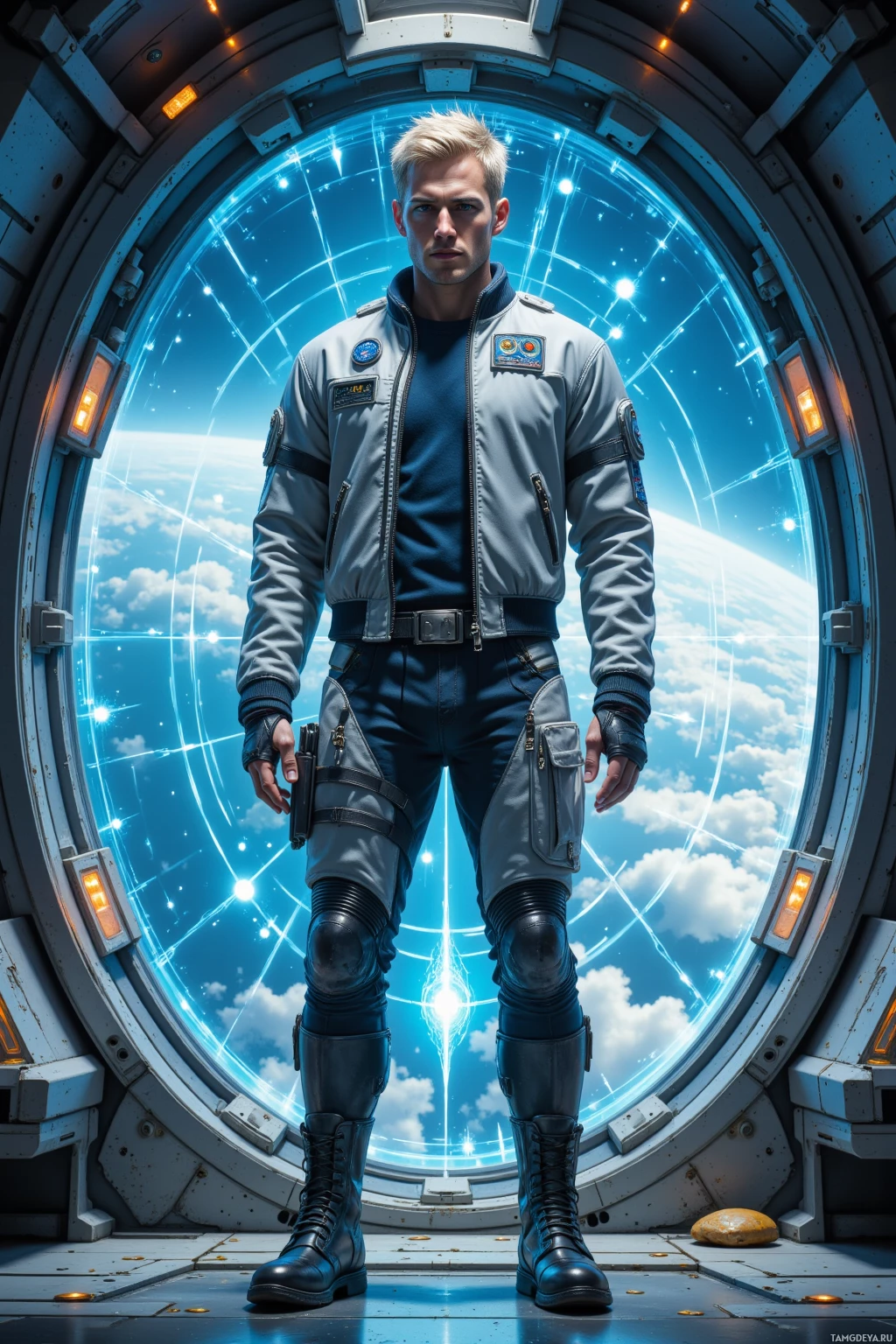 A person in a futuristic space suit stands in front of a circular window with a view of Earth and stars.